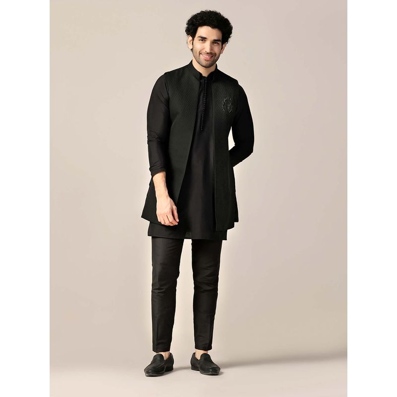 KISAH Black Silk Blend Embroidered Jacket with Kurta & Trouser (36)