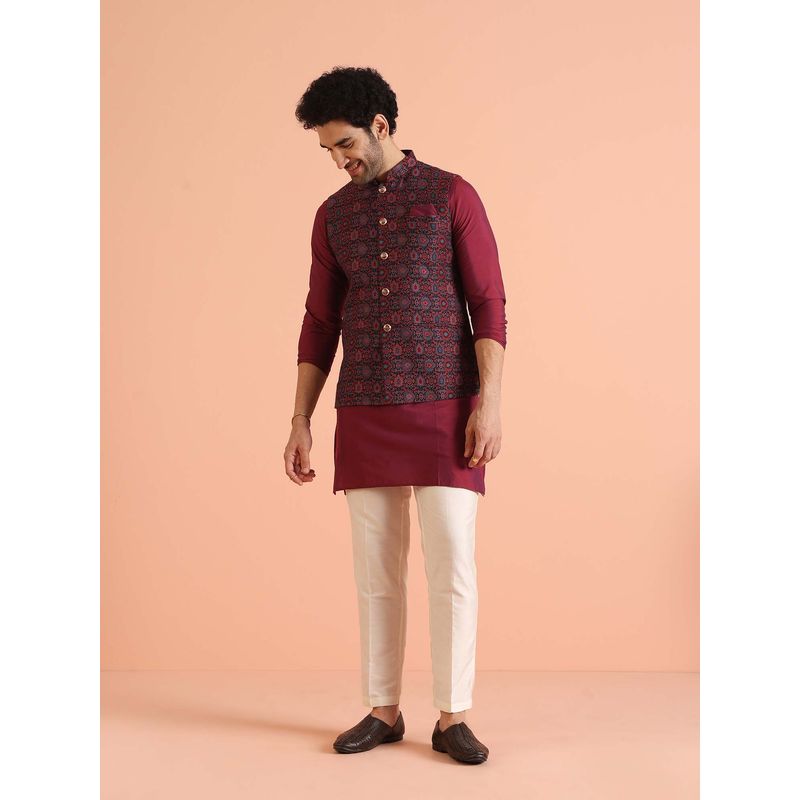 KISAH Wine Silk Blend Printed Jacket with Kurta & Trouser (44)