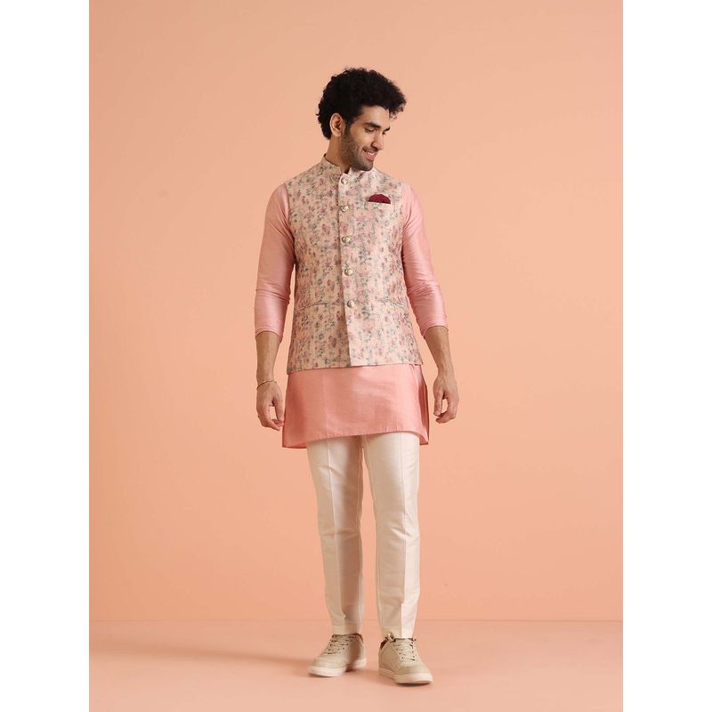 KISAH Pink Floral Art Silk Nehru Jacket Bundi with Kurta Trouser (36)