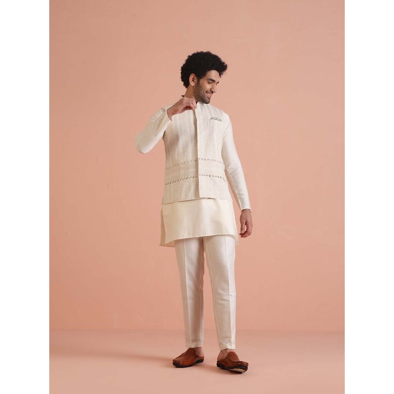 KISAH Beige Silk Blend Textured Embroidered Jacket with Kurta and Churidar (36)