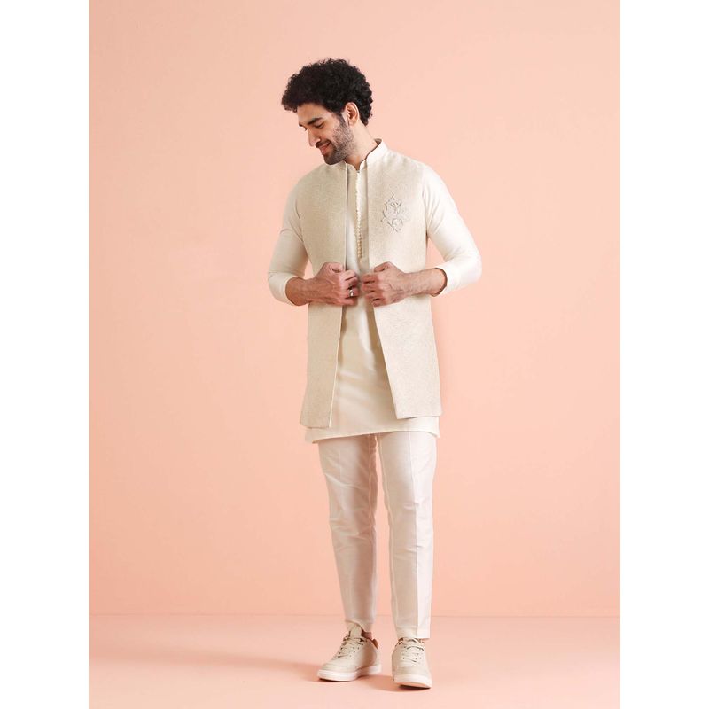 KISAH Cream Silk Blend Embroidered Jacket with Kurta and Churidar (36)