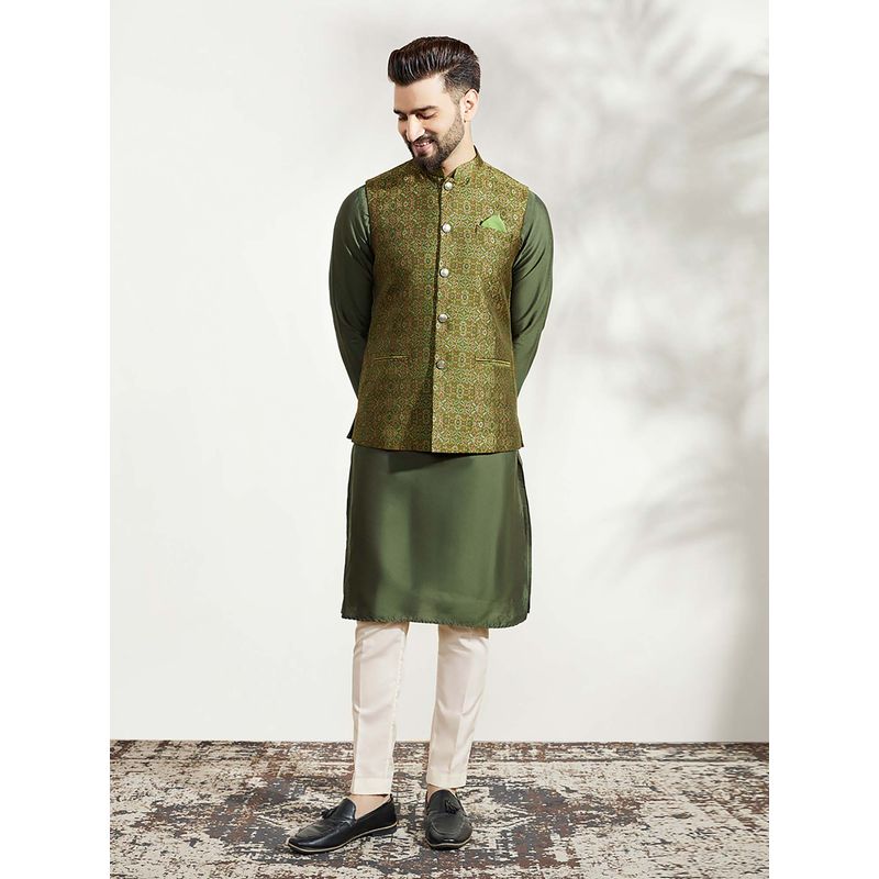 KISAH Olive Green Textured Nehru Jacket with Kurta & Trouser (36)