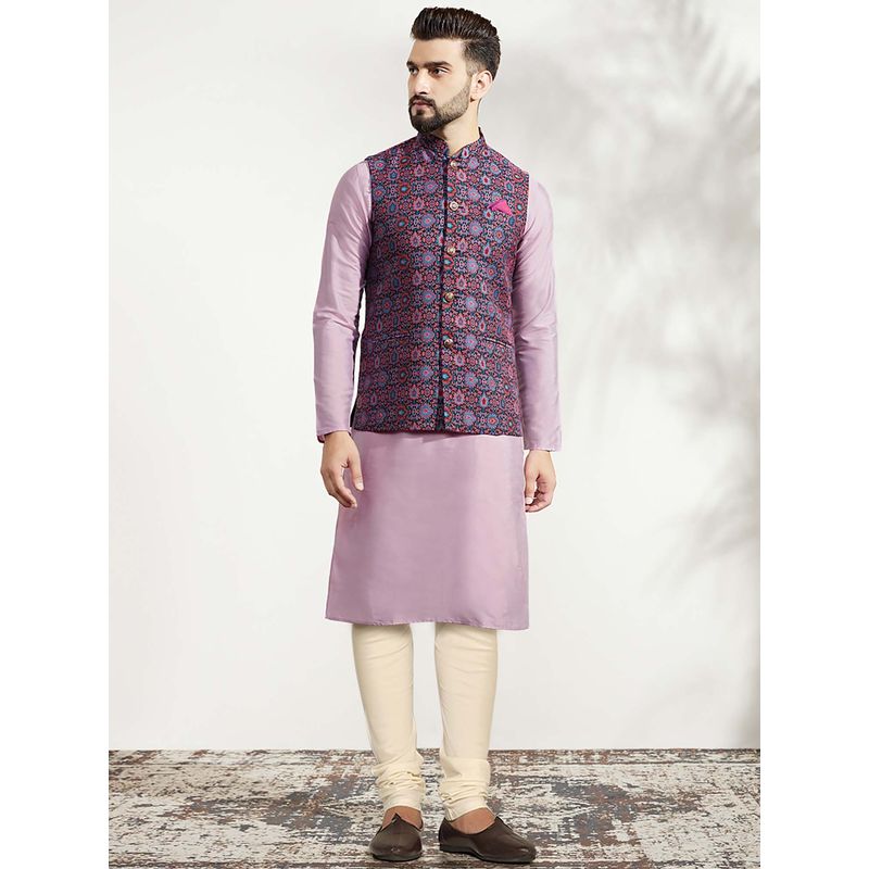 KISAH Lavender Silk Blend Kurta with Printed Nehru Jacket with Kurta & Trouser (38)
