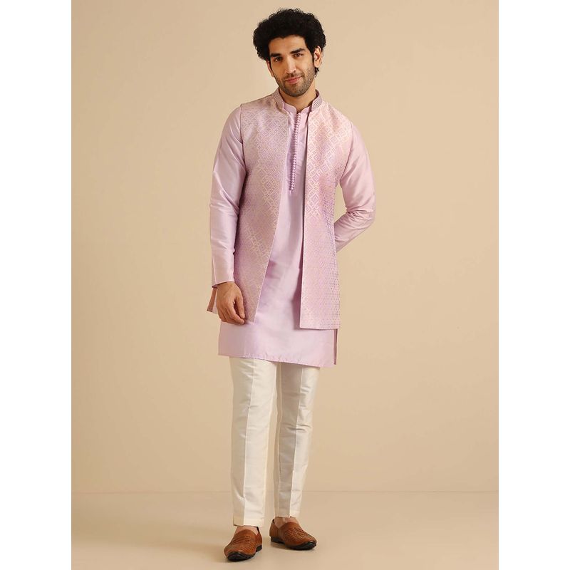 KISAH Lilac Silk Blend Textured Jacket with Kurta & Trouser (42)