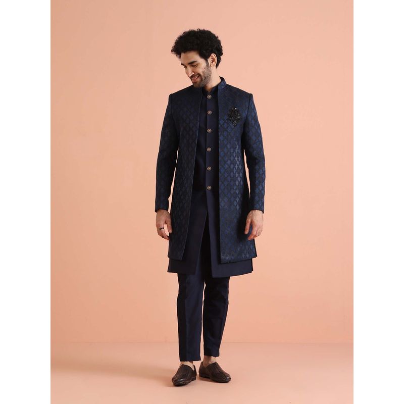 KISAH Navy Blue Silk Blend Indo Western Jacket Sherwani with Trouser (40)