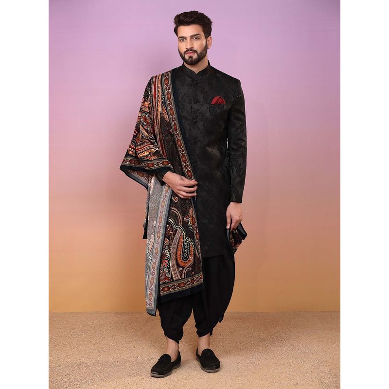 KISAH Mens Black Jacquard Sherwani & Dhoti with Dupatta (40)