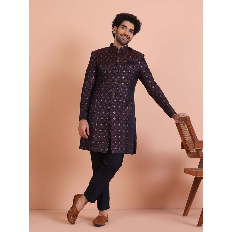 KISAH Navy Gold Silk Blend Sherwani with Trouser (38)