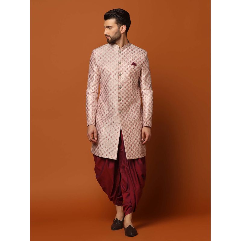KISAH Mens Cream Jacquard Indo-Western Sherwani with Dhoti (44)