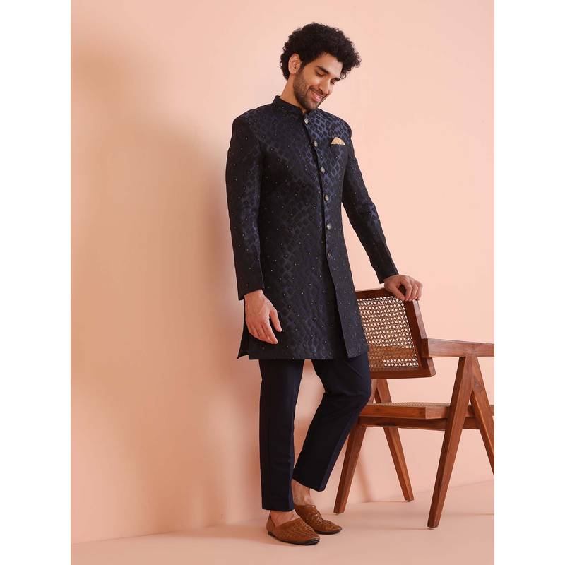 KISAH Navy Blue Textured Sherwani & Trouser (40)