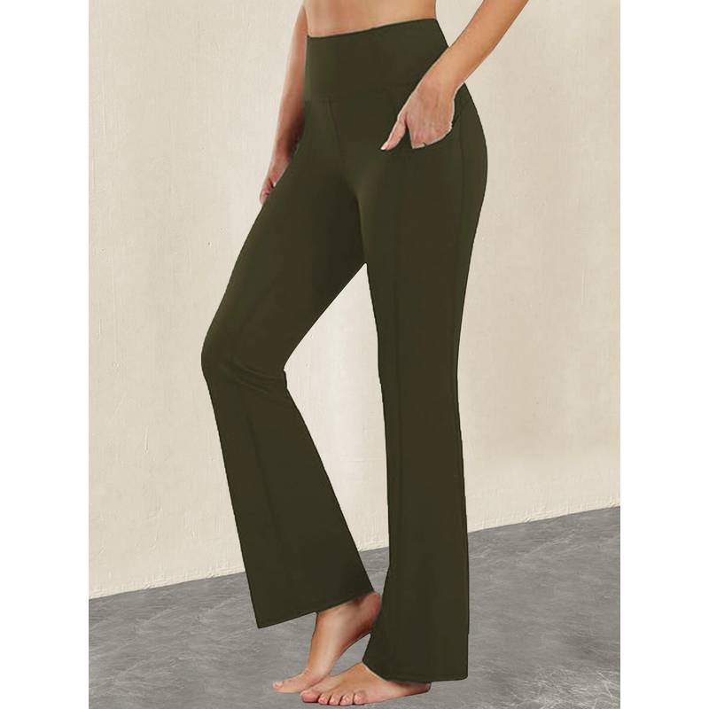 CHKOKKO Women Olive Polyester Solid Flared Pant (5XL)