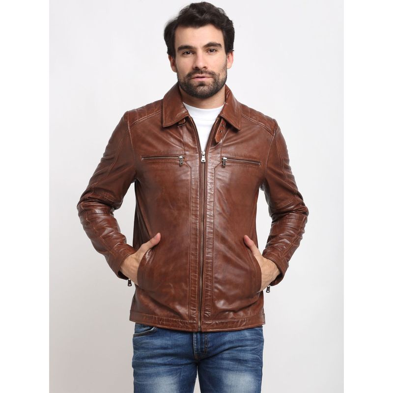 Teakwood Brown Solid Genuine Leather Jacket (S)