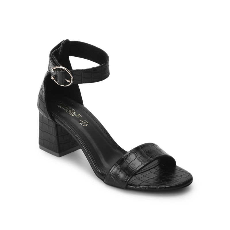 Truffle Collection Black Pu Snake Pattern Sandals With Ankle Strap - UK 5