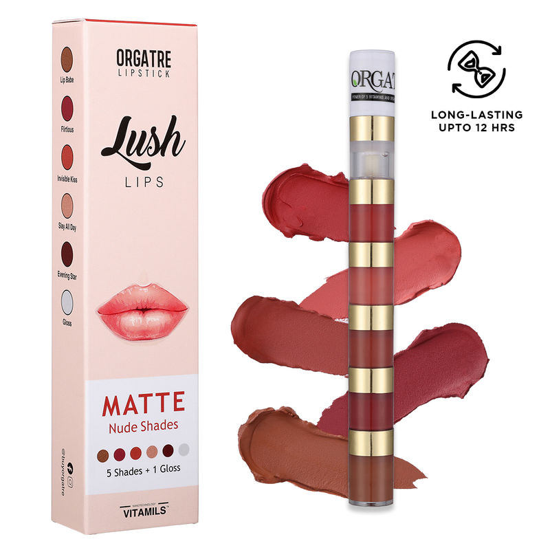Orgatre Lush Lips 5-in-1 Matte Nude Lipstick with Gloss - Waterproof, Smudge-Proof, Long-Lasting