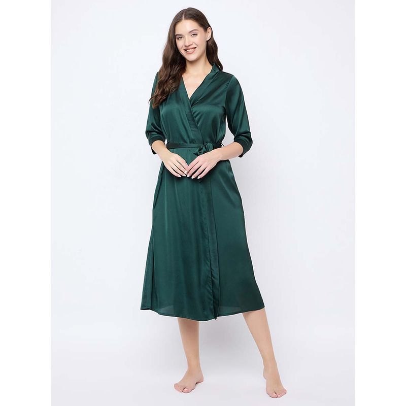 Clovia Satin Solid Long Robe With Belt Green (Set of 2) (L)