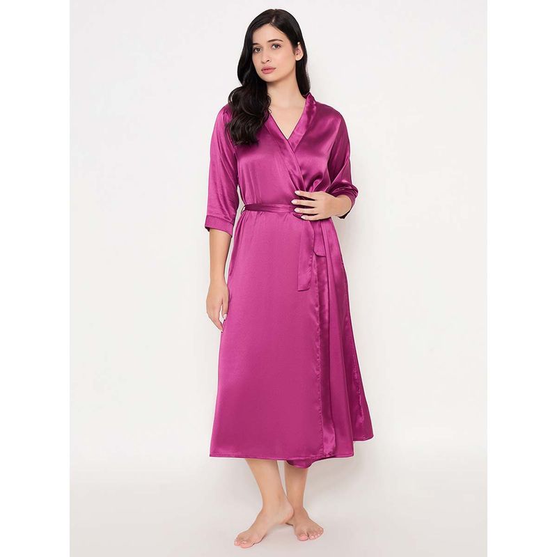 Clovia Satin Solid Long Robe With Belt Pink (Set of 2) (L)