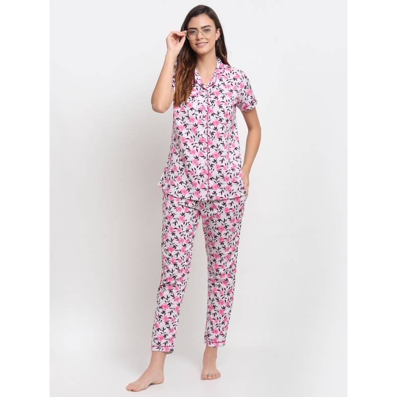 AOBA Women Pink & Charcoal Grey Printed Printed Pyjamas Set (M)