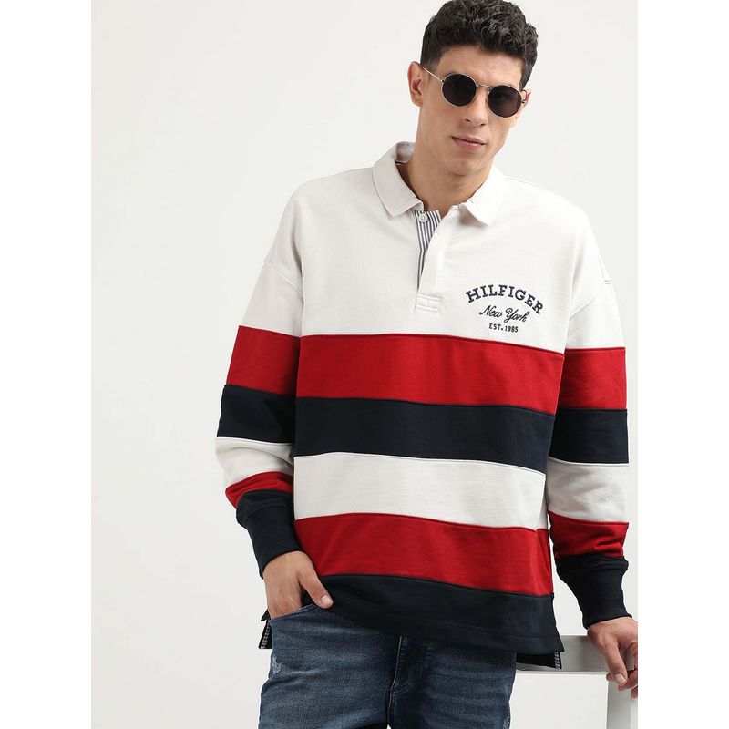 Tommy Hilfiger White Stripe Prep Rugby Sweatshirt (L)