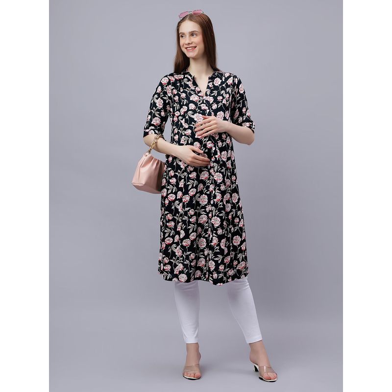 Mamma's Maternity Black Rayon A-Line Floral Maternity Kurti (M)