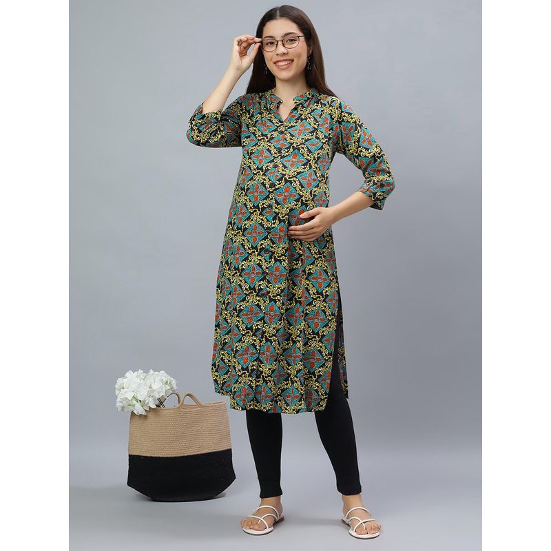 Mamma's Maternity Black Rayon A-Line Printed Maternity Kurti (M)