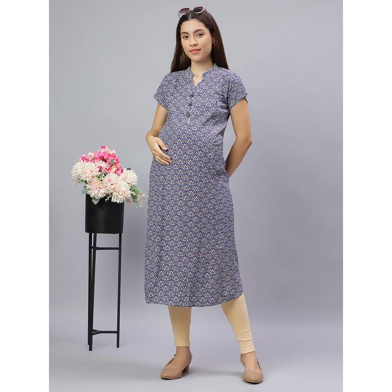 Mamma's Maternity Blue Rayon A-Line Geometric Maternity Kurti (M)