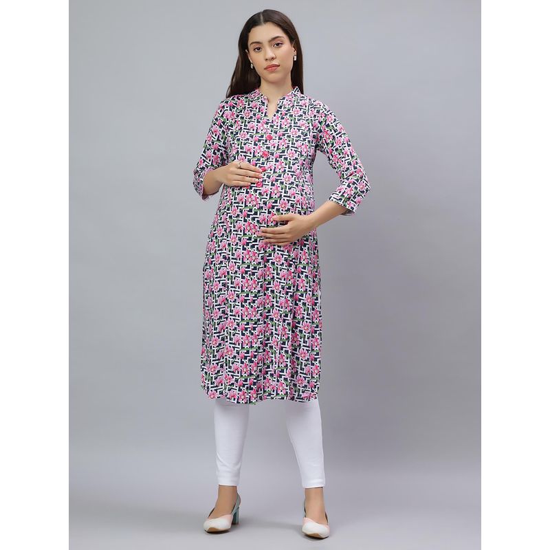 Mamma's Maternity Blue Rayon A-Line Floral Maternity Kurti (M)