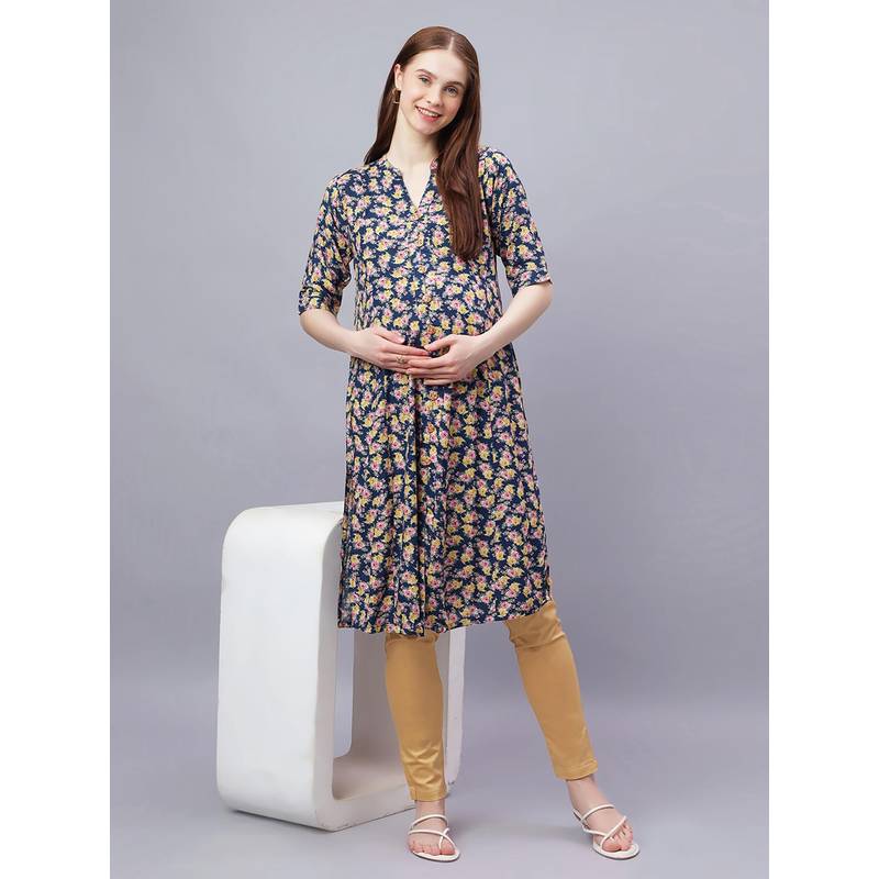 Mamma's Maternity Blue Rayon A-Line Floral Maternity Kurti (M)