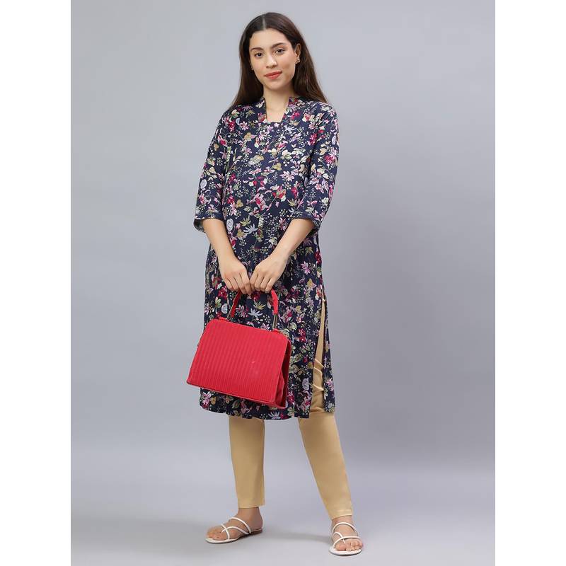 Mamma's Maternity Blue Rayon A-Line Floral Maternity Kurti (M)
