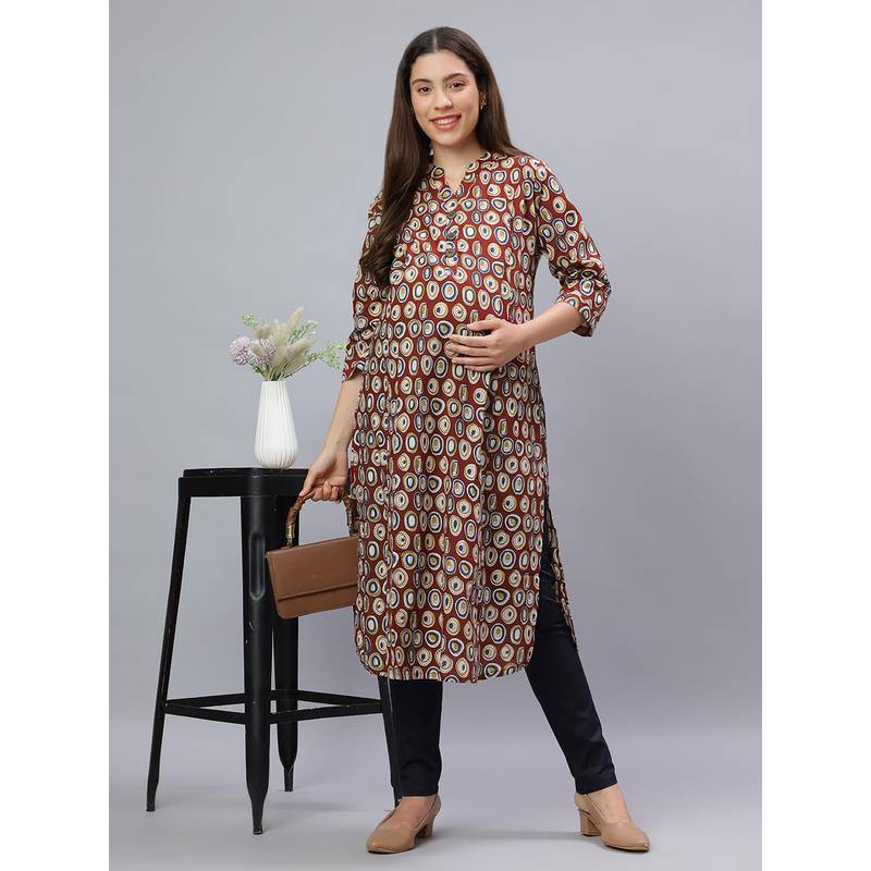 Mamma's Maternity Maroon Cotton A-Line Geometric Maternity Kurti (L)