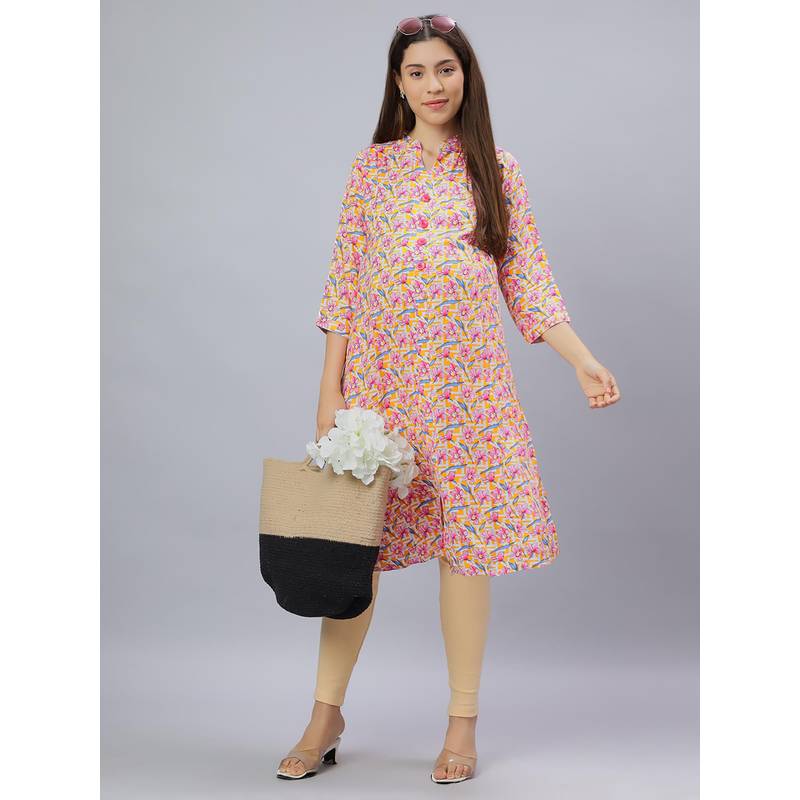 Mamma's Maternity Orange Rayon A-Line Floral Maternity Kurti (L)