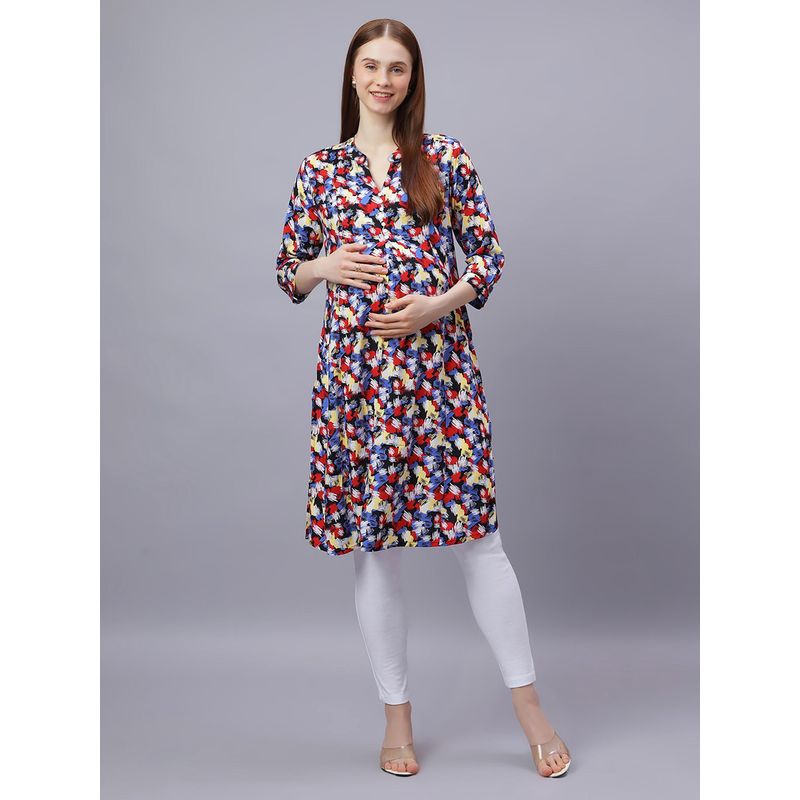 Mamma's Maternity Multi-Color Rayon A-Line Printed Maternity Kurti (M)
