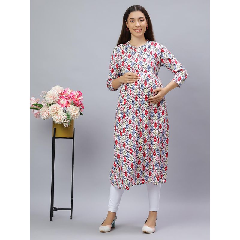 Mamma's Maternity White Rayon A-Line Geometric Maternity Kurti (M)
