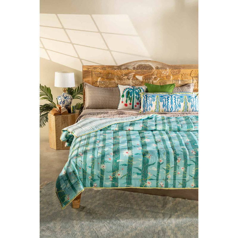 Freedom Tree Brahmakamal Cotton Aqua Blue Quilt (Single)