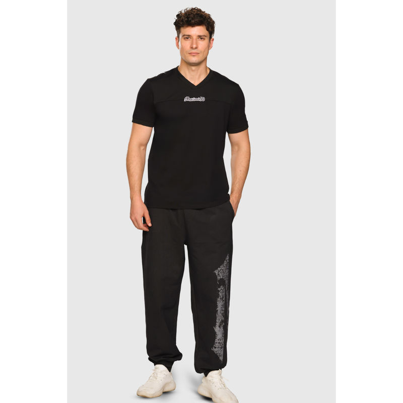 Musclemind Men Black Cotton V-Neck T-Shirt (S)