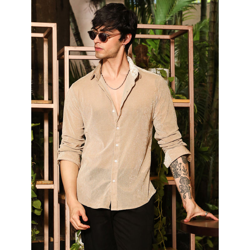 Campus Sutra Men's Beige Collar Neck Shirt (M)