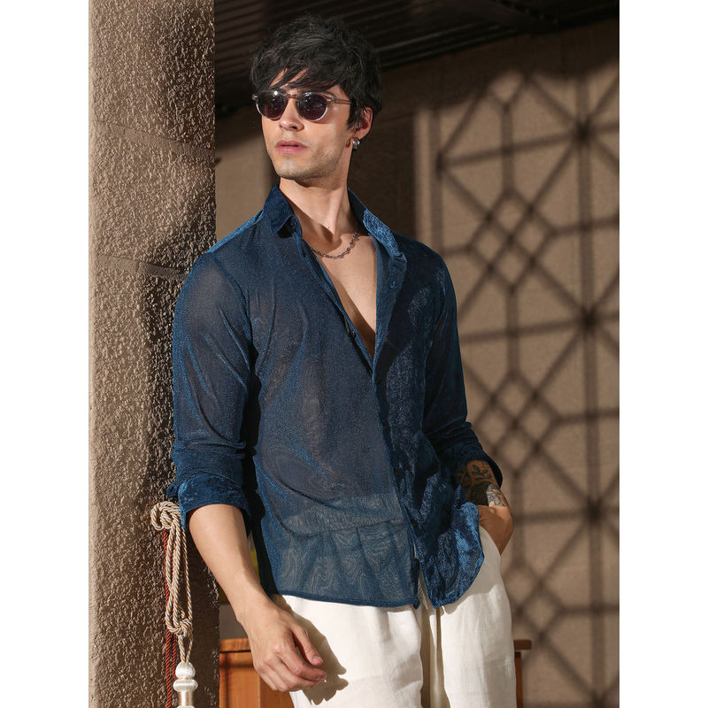 Campus Sutra Men's Blue Collar Neck Shirt (XL)