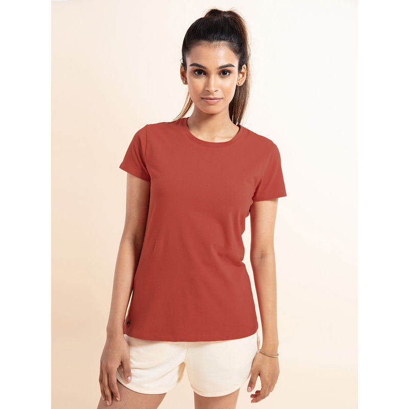 Nykd By Nykaa Super Comfy Cotton Stretch Classic Solid T-Shirt-Nyle216-Hot Sauce (S)