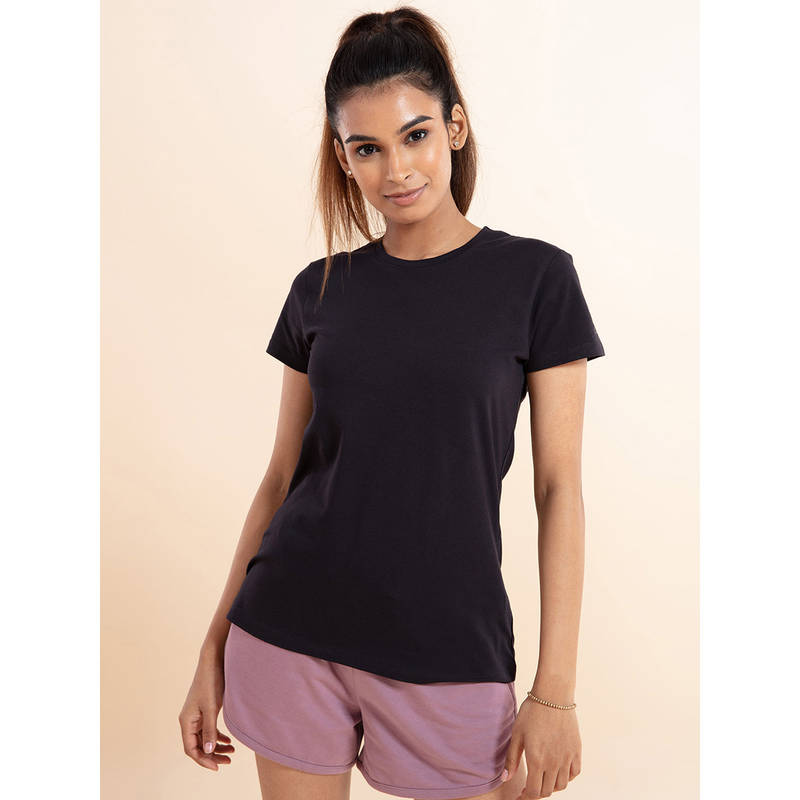 Nykd By Nykaa Super Comfy Cotton Stretch Classic Solid T-Shirt-Nyle216-Jet Black (S)