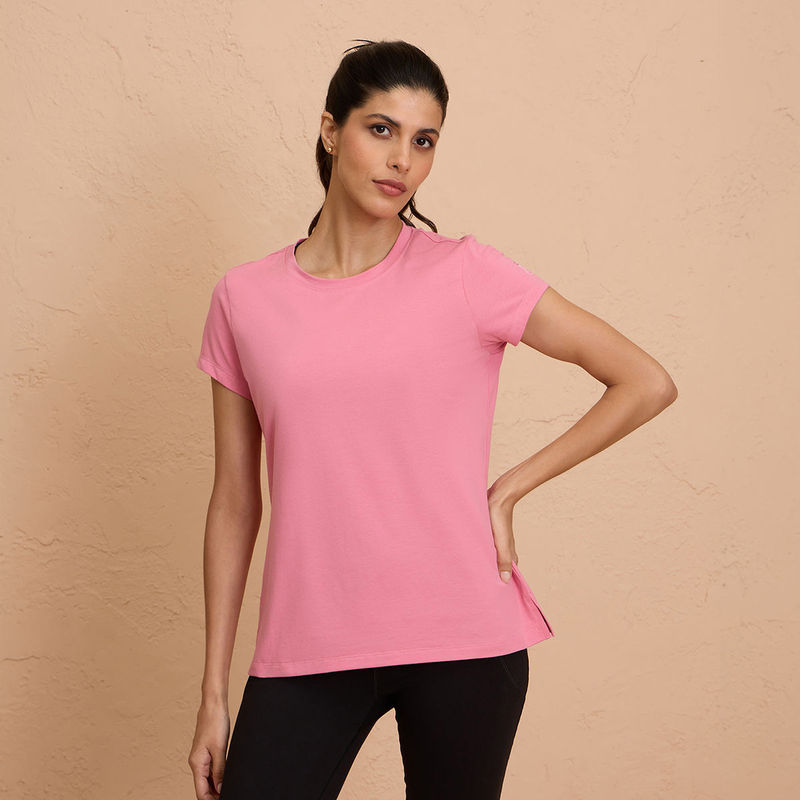 Nykd By Nykaa Super Comfy Cotton Stretch Classic Solid T-Shirt-NYLE216-Pink (M)