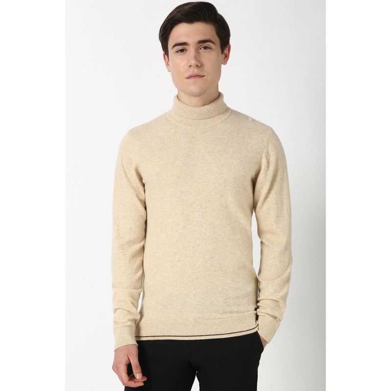 Peter England Men Beige Textured Turtle Neck Sweater (L)