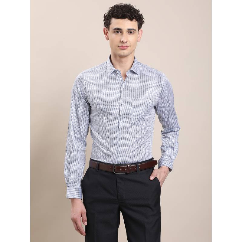 Turtle Mens 100% Cotton Slim Fit Blue Geometric Formal Shirt (38)