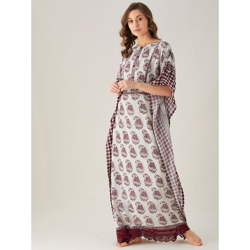 The Kaftan Company Printed Mystic Block Maxi Kaftan with Lace Hem - White (L)