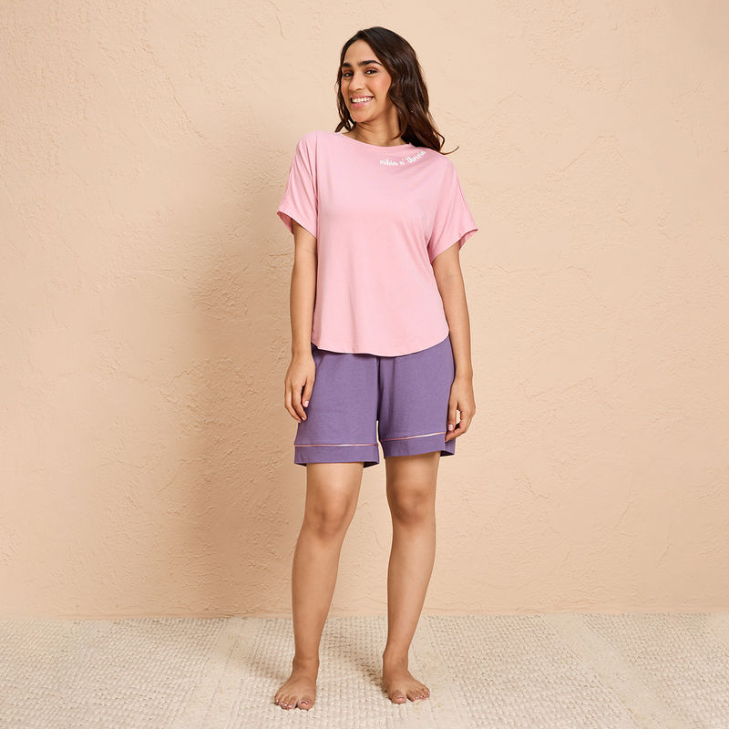 Nykd By Nykaa Buttery Soft Modal Cotton Shorts Coord Set With Round Neck Graphic Tee Nys940 Pink (XL)