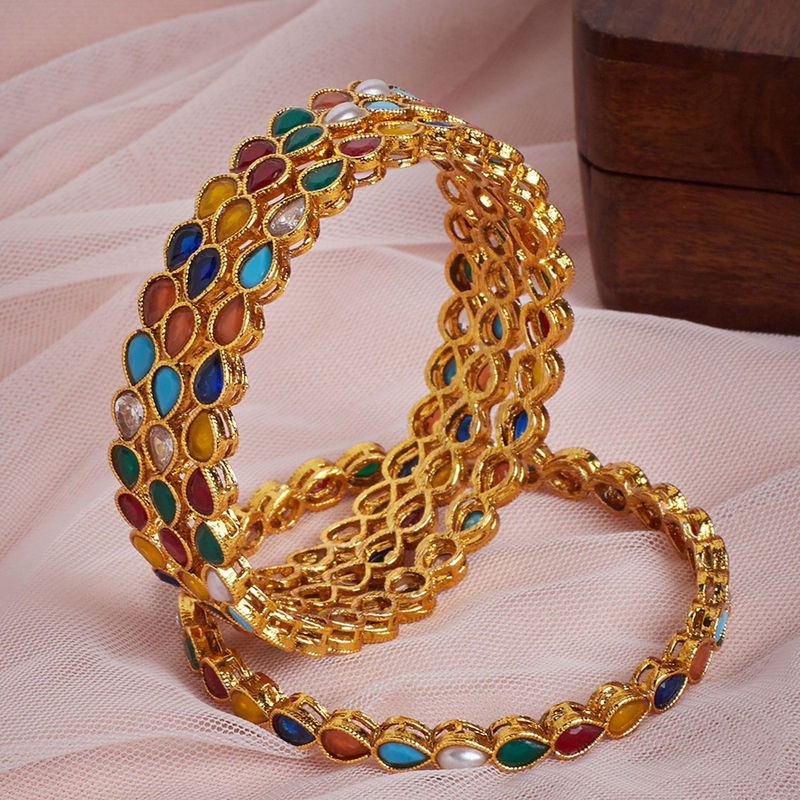 PANASH Set Of 4 Gold-Plated Multicolored Stone-Studded Bangles (PIVZ210Ba1066_26) - 2.6