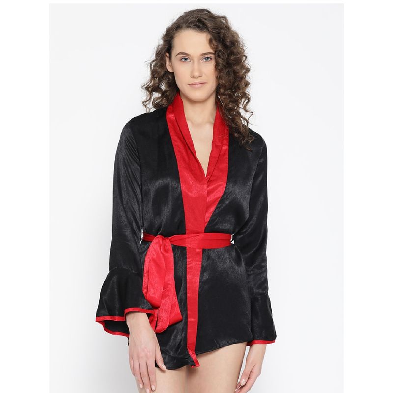 AOBA Women Black Solid Mini Length Robe With Satin Finish (M)