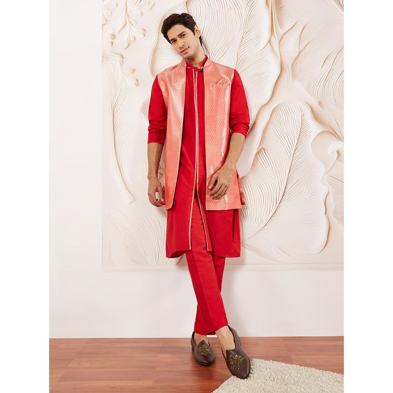 Vastramay Men Red Solid Kurta with Jacket and Pant (Set of 3) (38)