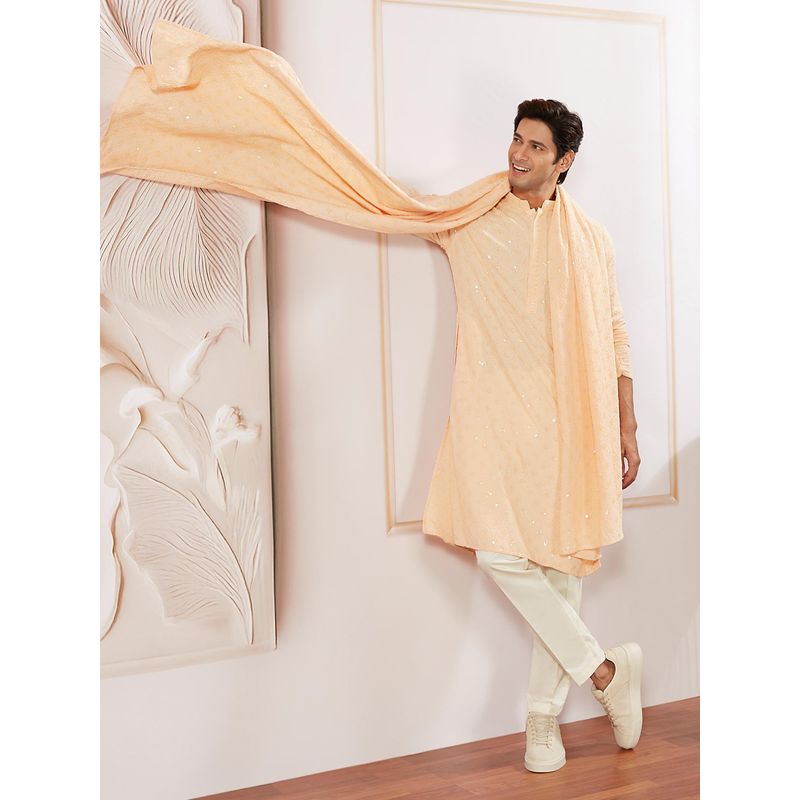 Vastramay Men Peach Embroidered Kurta with Pant and Dupatta (Set of 3) (40)