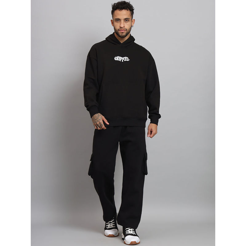 Griffel Men Oversized Fit Absent Minded Print Black Fleece Hoodie & Trackpant (Set of 2) (L)