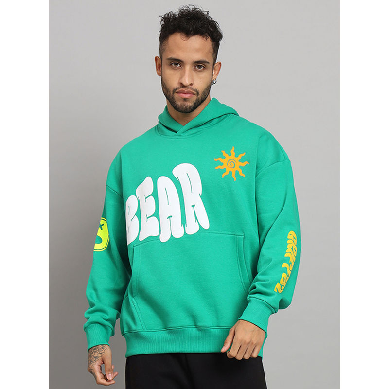 Griffel Mens BEAR Print Front Logo Oversized Fleece Hoodie Bottle Green Sweatshirt (S)