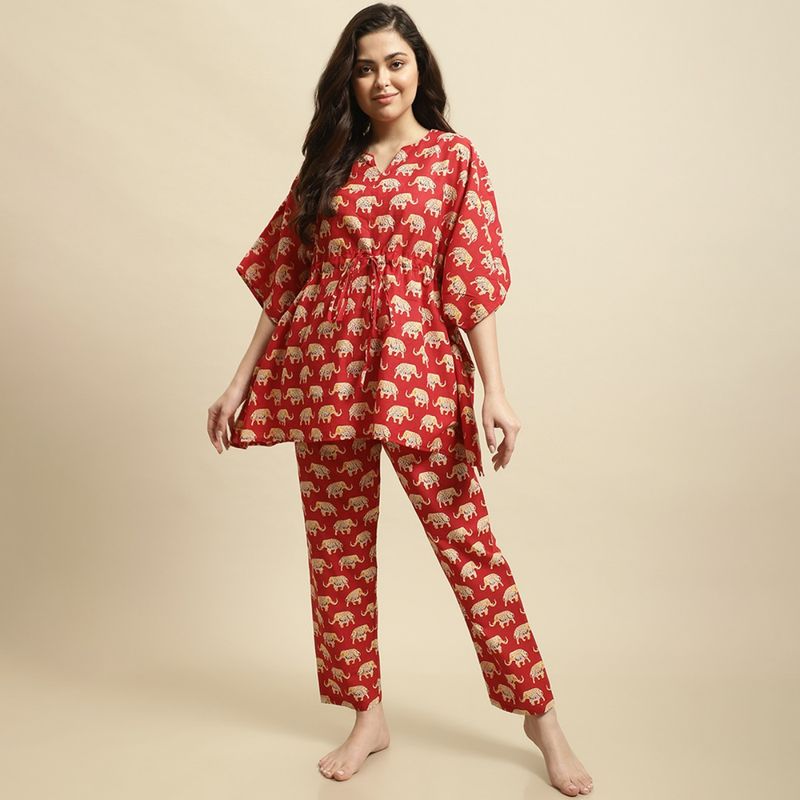 Secret Wish Womens Red & Yellow Rajasthani Elephant Print Night Suit (Set of 2) (M)