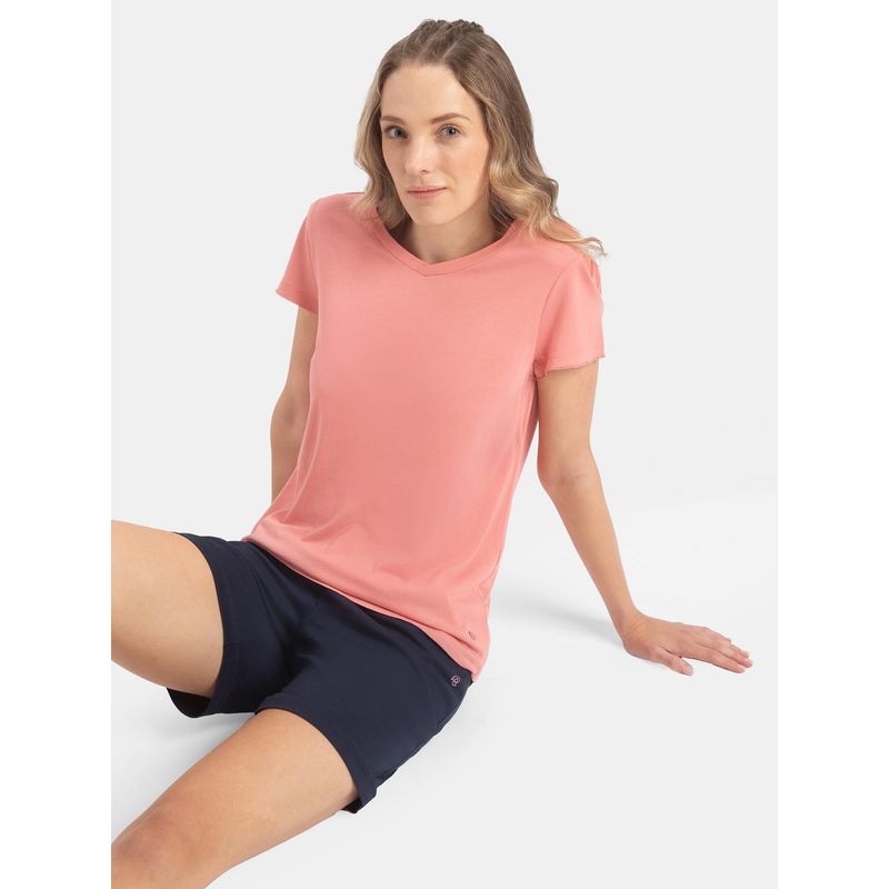Jockey RX12 Women Micro Modal Cotton Relaxed Fit Solid V Neck T-Shirt - Peach Blossom (L)